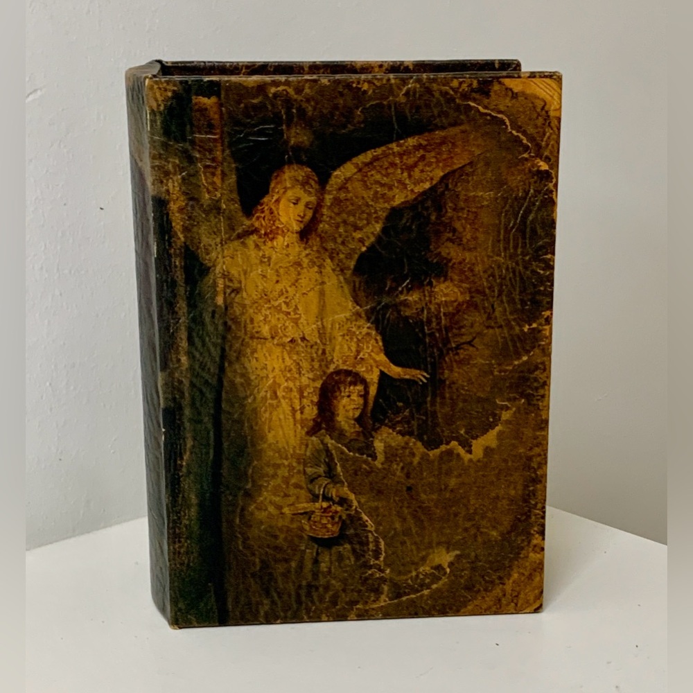 Vtg Artwork Decorated Faux Leather Hollow Wooden Faux Book Box Hidden Stash